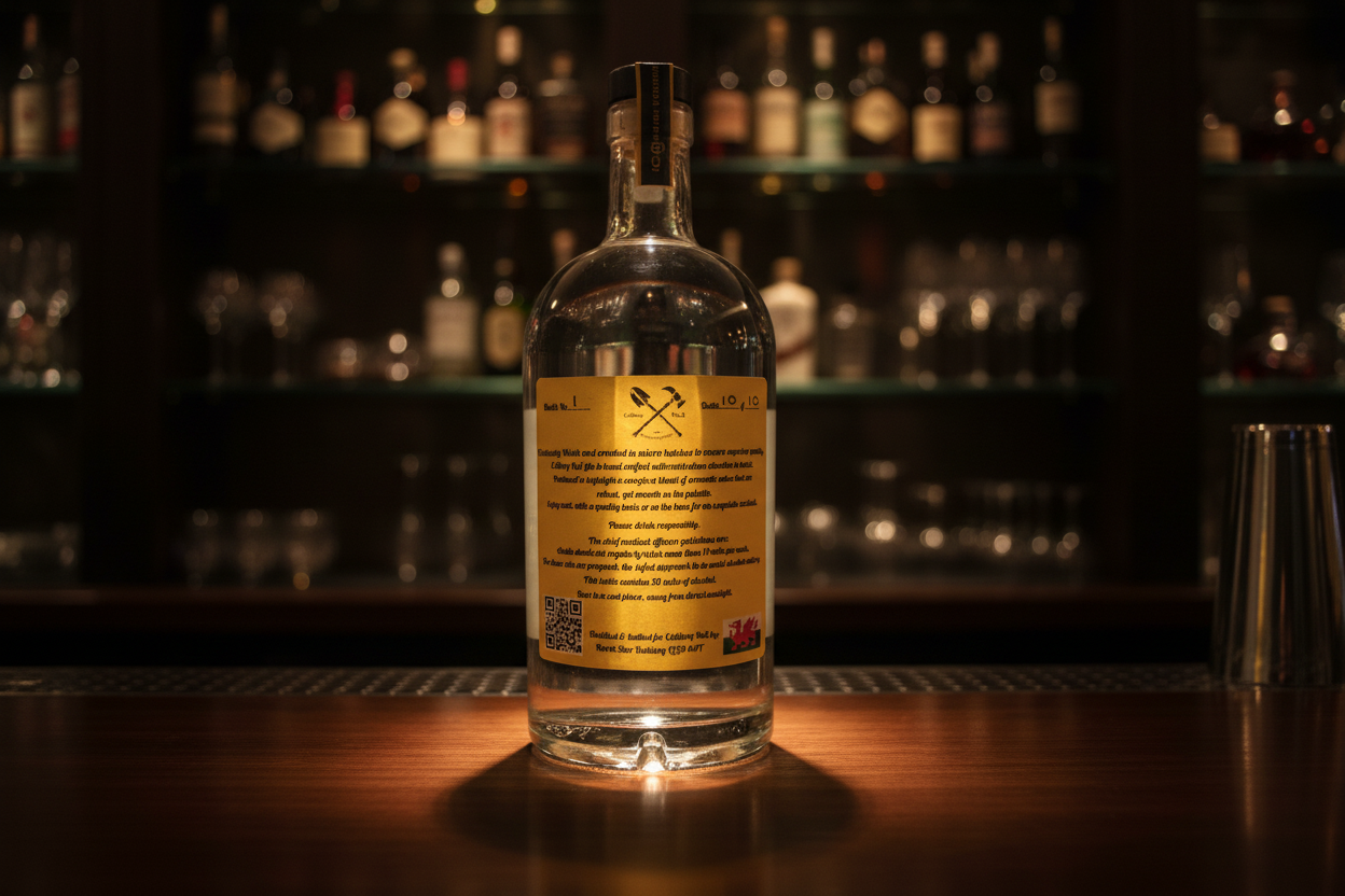 Colliery No2 Gin back label in bar setting