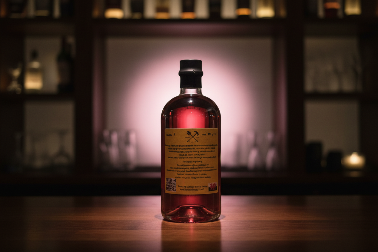 Colliery No2 Strawberry & Rose Gin back label in bar setting