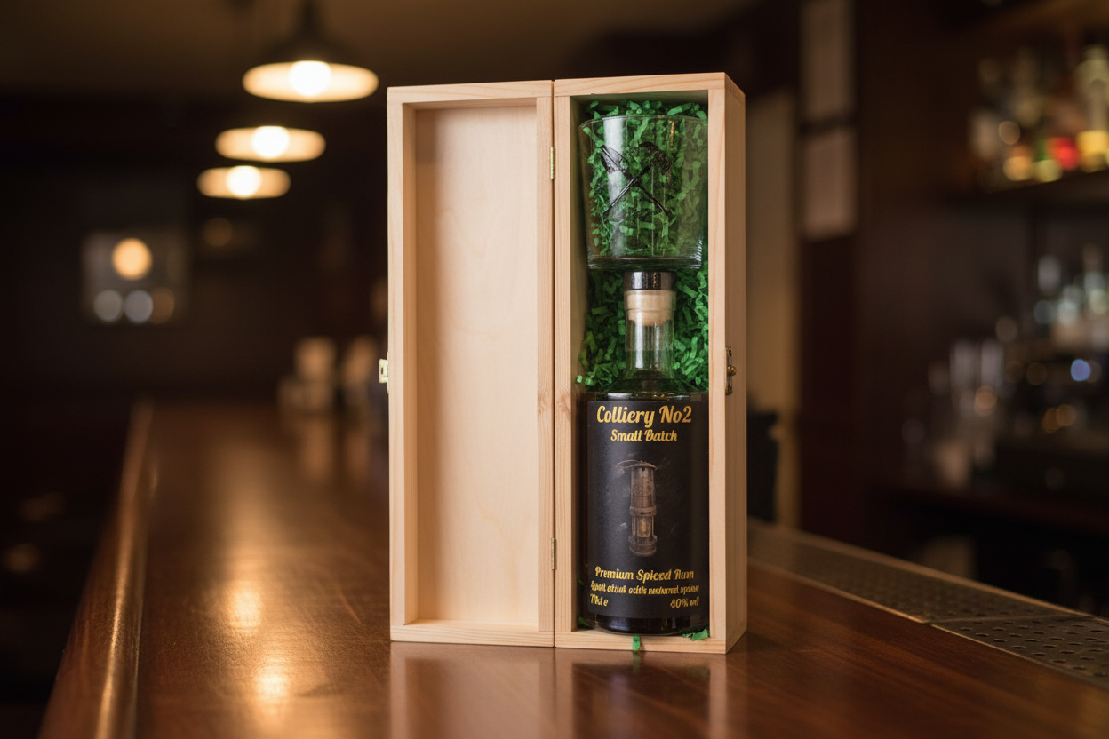 Colliery No2 wooden gift box in bar setting