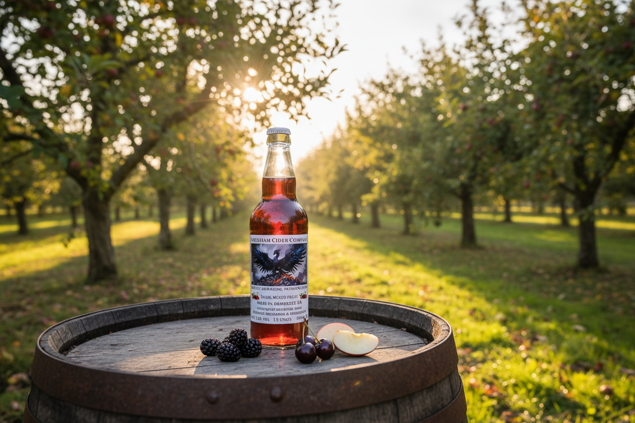 Dark Fruit Cider in Rustic Orchard Setting