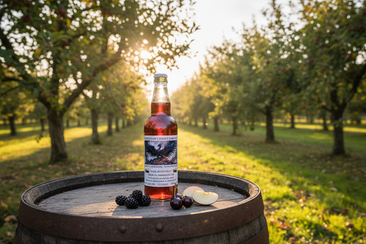 Dark Fruit Cider in Rustic Orchard Setting