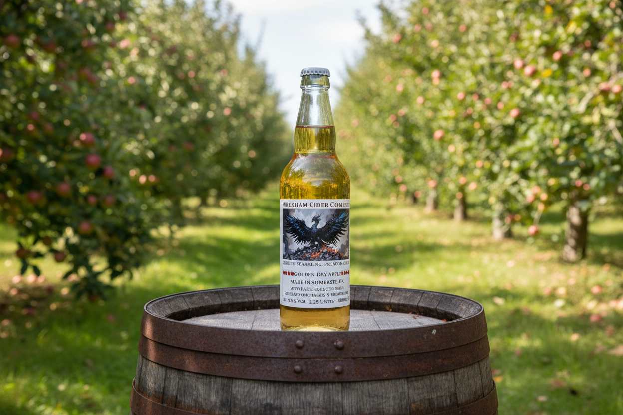 Wrexham Cider bottle on barrel in orchard