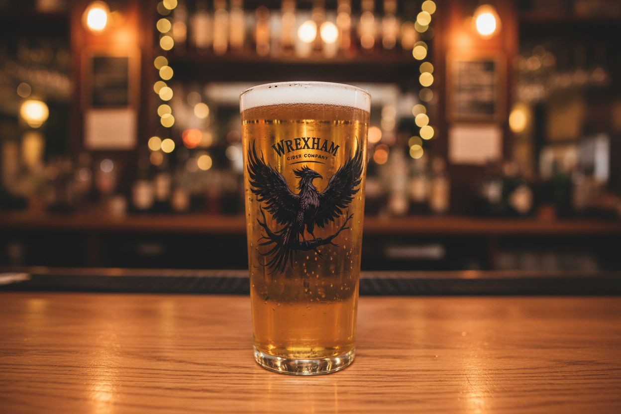 Wrexham Cider Company glass in bar setting