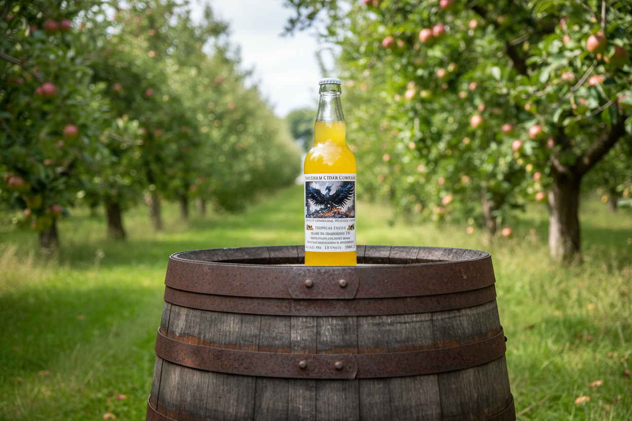 Wrexham Cider tropical fruits bottle on barrel in orchard