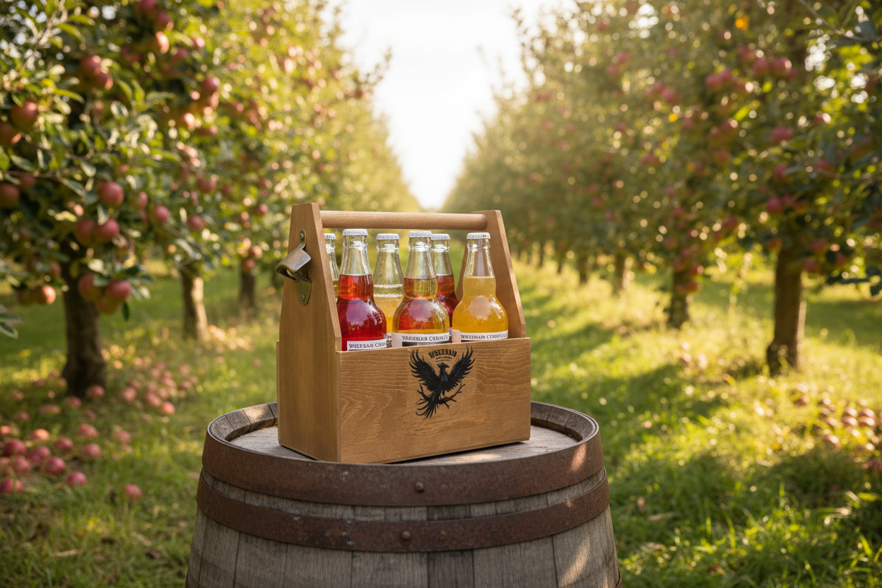 Wrexham Cider wooden carrier in orchard setting